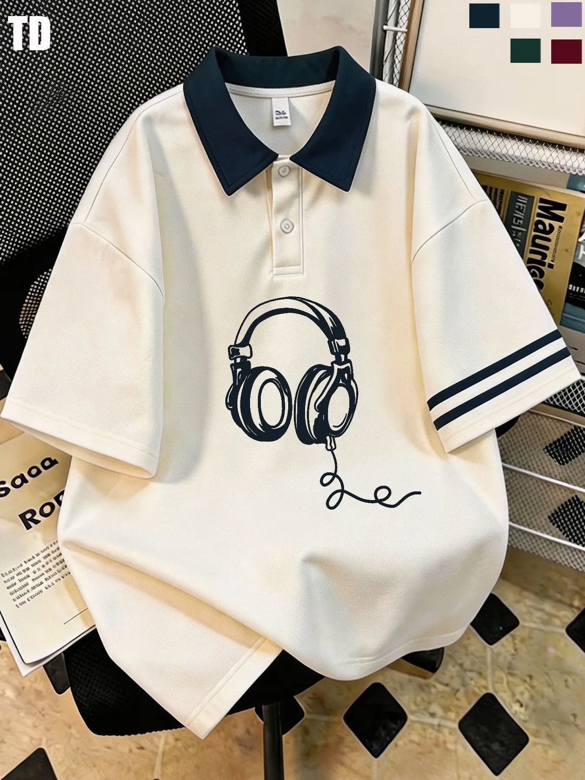 Td Retro Wired Headphones Graphic Polo Shirt, Unisex 5 Colors, Casual Summer Street Top, Fitted Patchwork Design, Music Lover Fashion Striped
