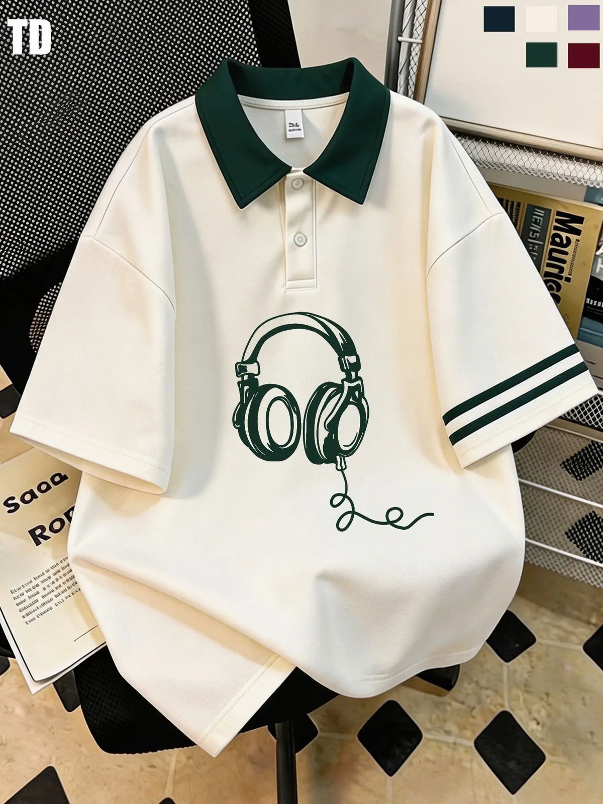 Td Retro Wired Headphones Graphic Polo Shirt, Unisex 5 Colors, Casual Summer Street Top, Fitted Patchwork Design, Music Lover Fashion Striped