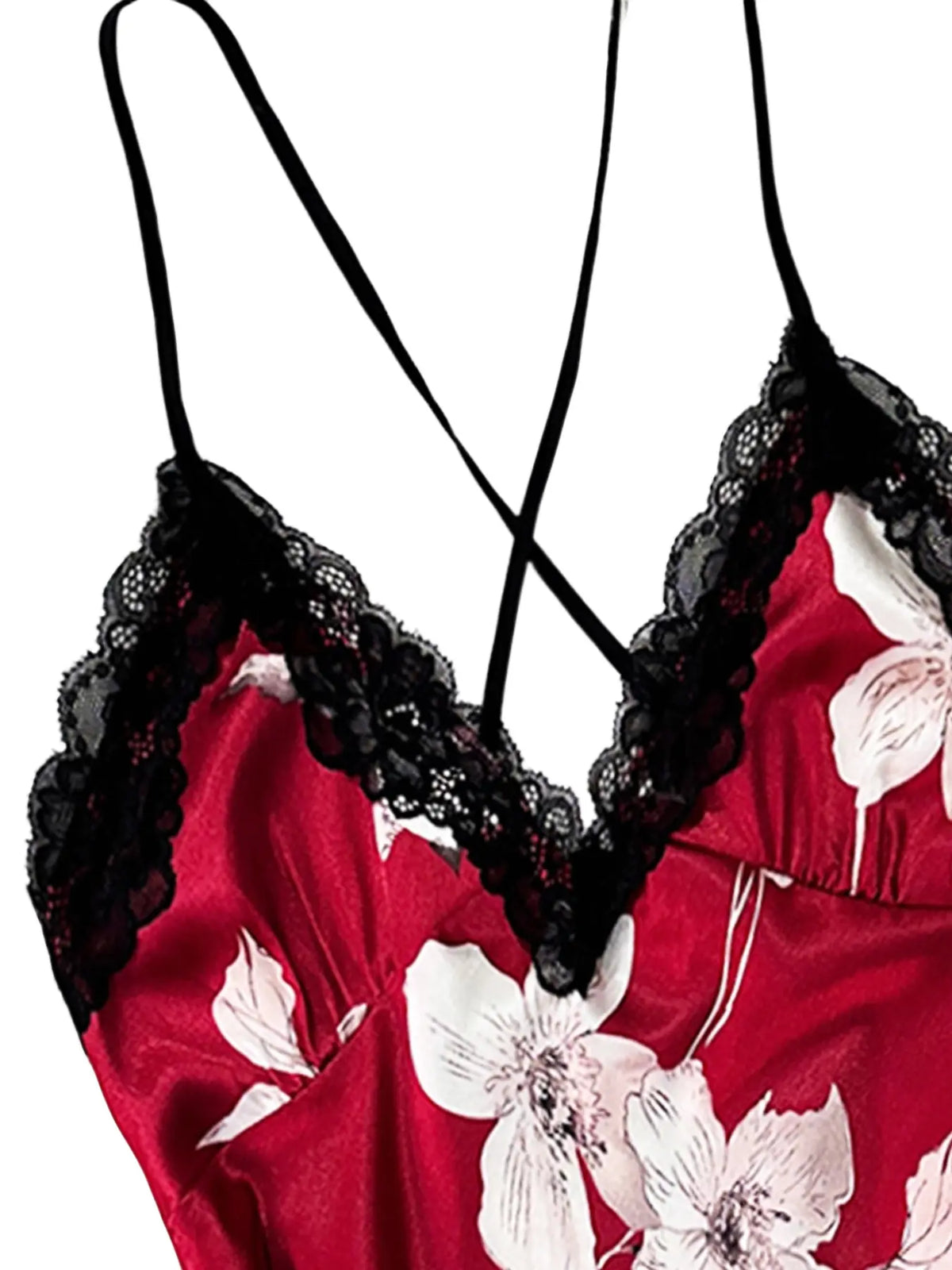 Women's Sexy Lace Patchwork V-Neck Backless Fashion Sleepwear, Floral Print, Adjustable Straps, Ruffle Hem, All Season Sleeping Gown