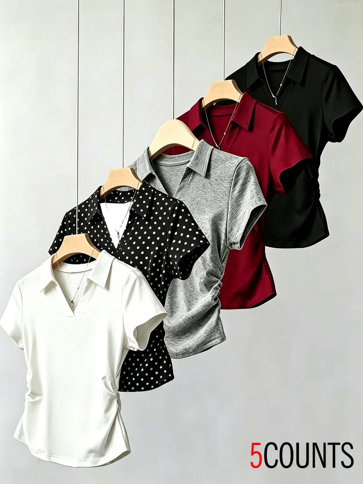 Five-Piece Collared V-Neck Waist-Cropped Short Sleeve Basic Minimalist T-Shirts for Women, Side Pleat Slim Fit Polo Shirts, Office Wear, Casual, 5 Colors
