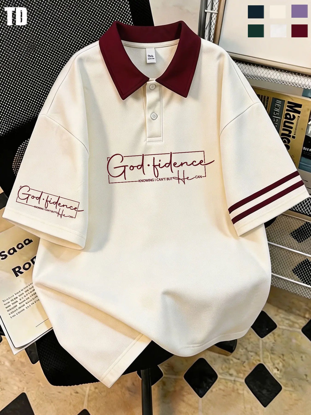 Td Faith Inspired Script Print Polo Shirts, Double Striped Cuff, Unisex 6 Colors, Breathable Street Tops, Casual
