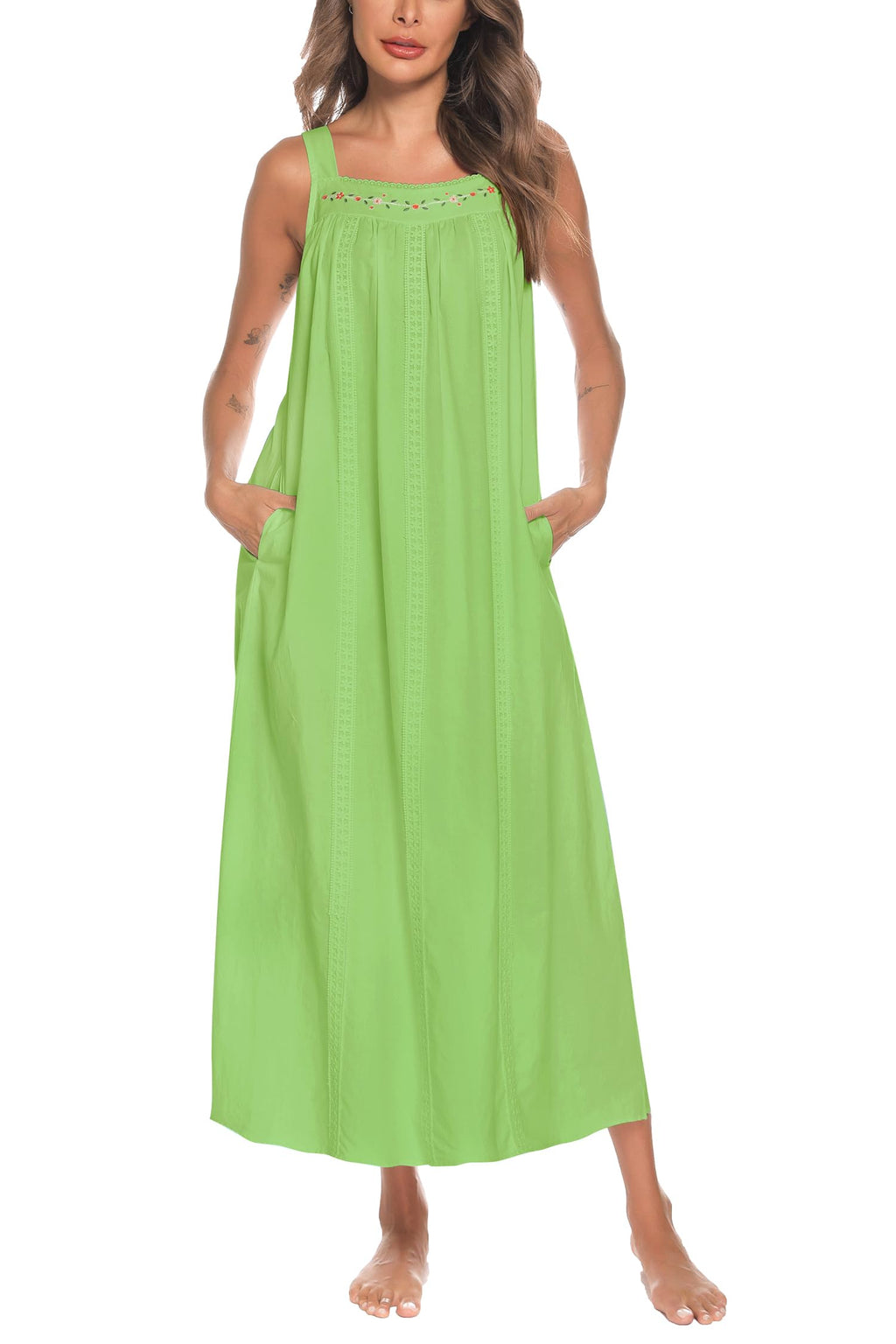YOZLY Cotton Nightgowns for Women Embroidery Sleeveless Night Gown with Pockets S-XXXL