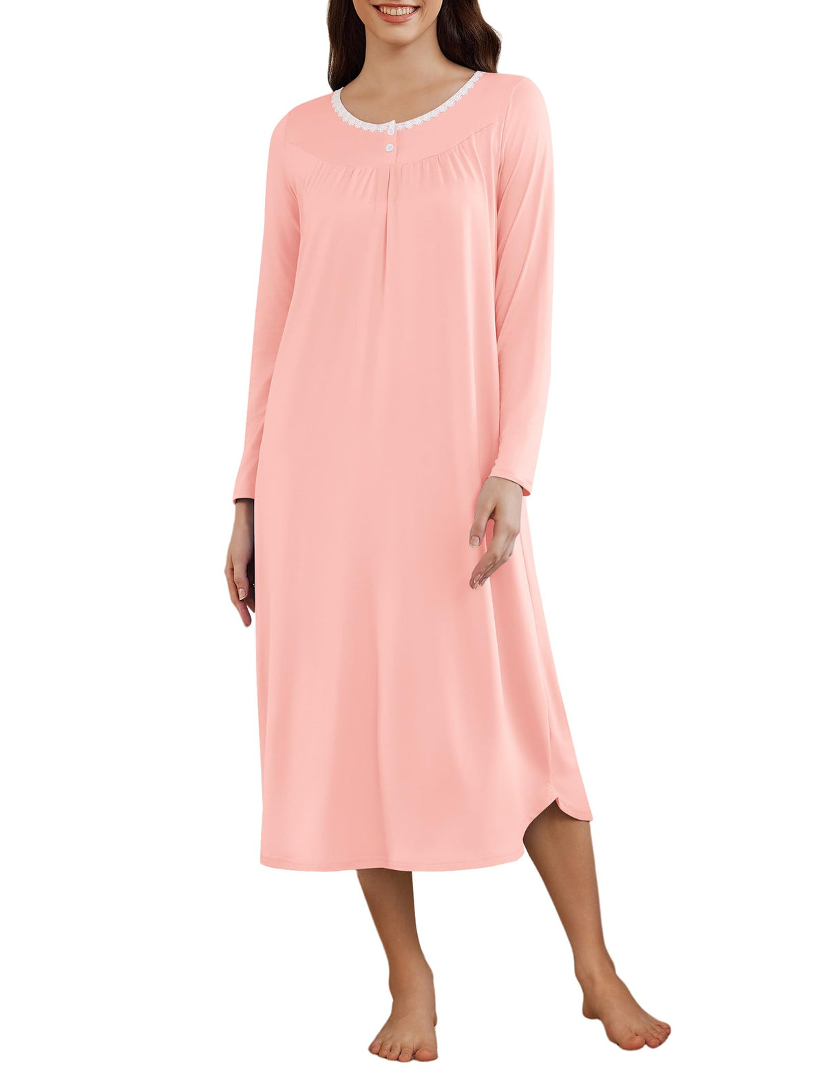 Ekouaer Womens Long Sleeve Nightgowns Long Sleepshirts Henley Sleep Dress