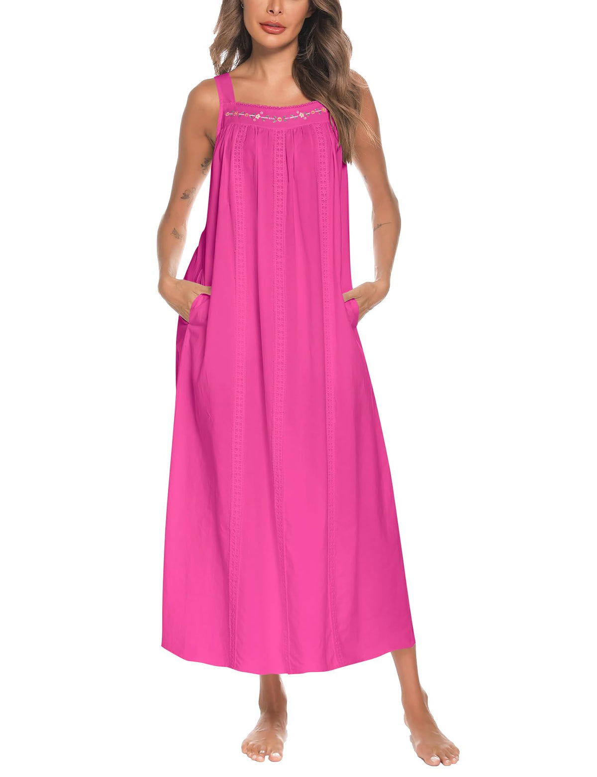 YOZLY Cotton Nightgowns for Women Embroidery Sleeveless Night Gown with Pockets S-XXXL