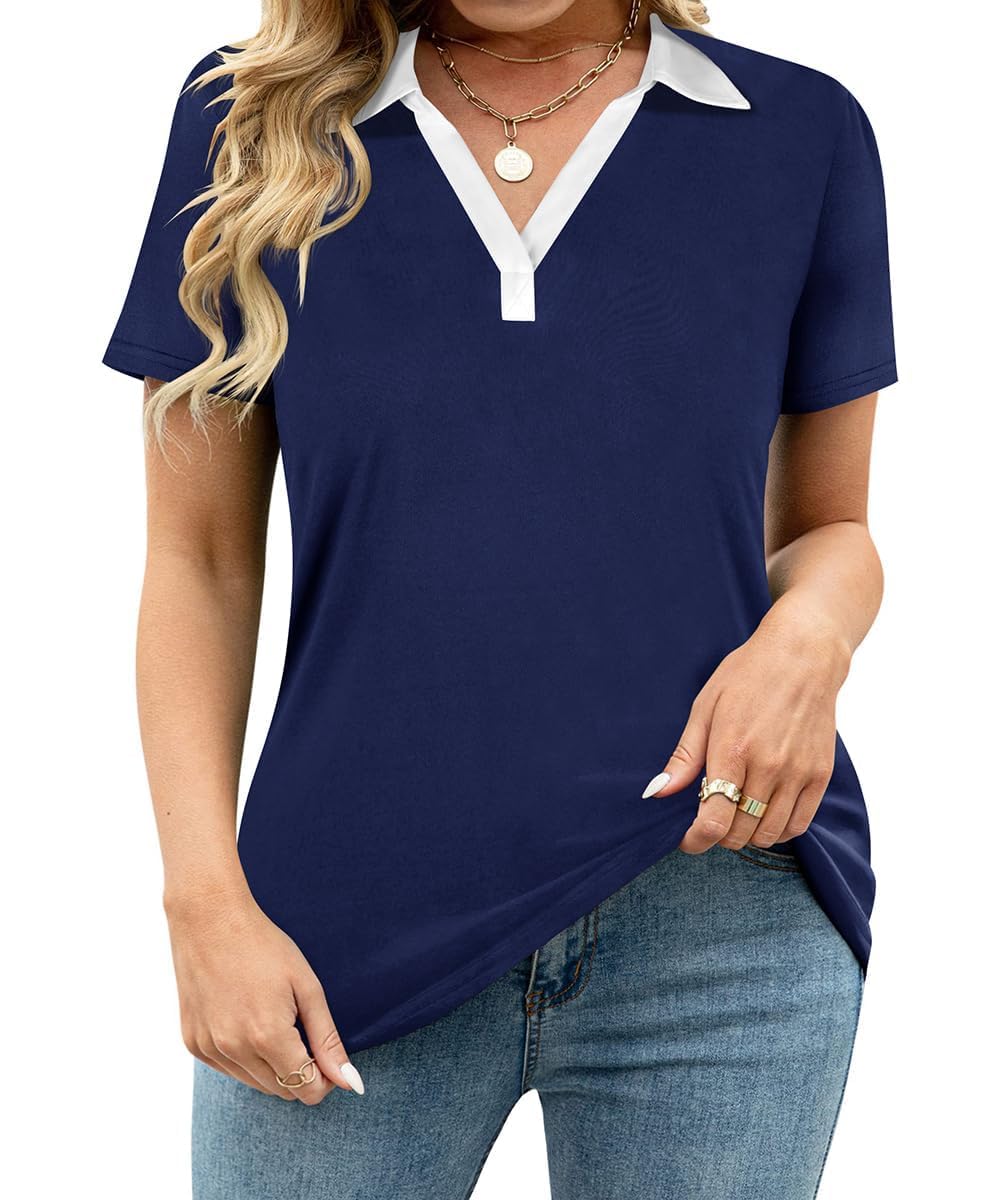 TIYOMI Plus Size Collared Polo Shirts Summer Short Sleeve V Neck Business Tops for Women XL-5XL