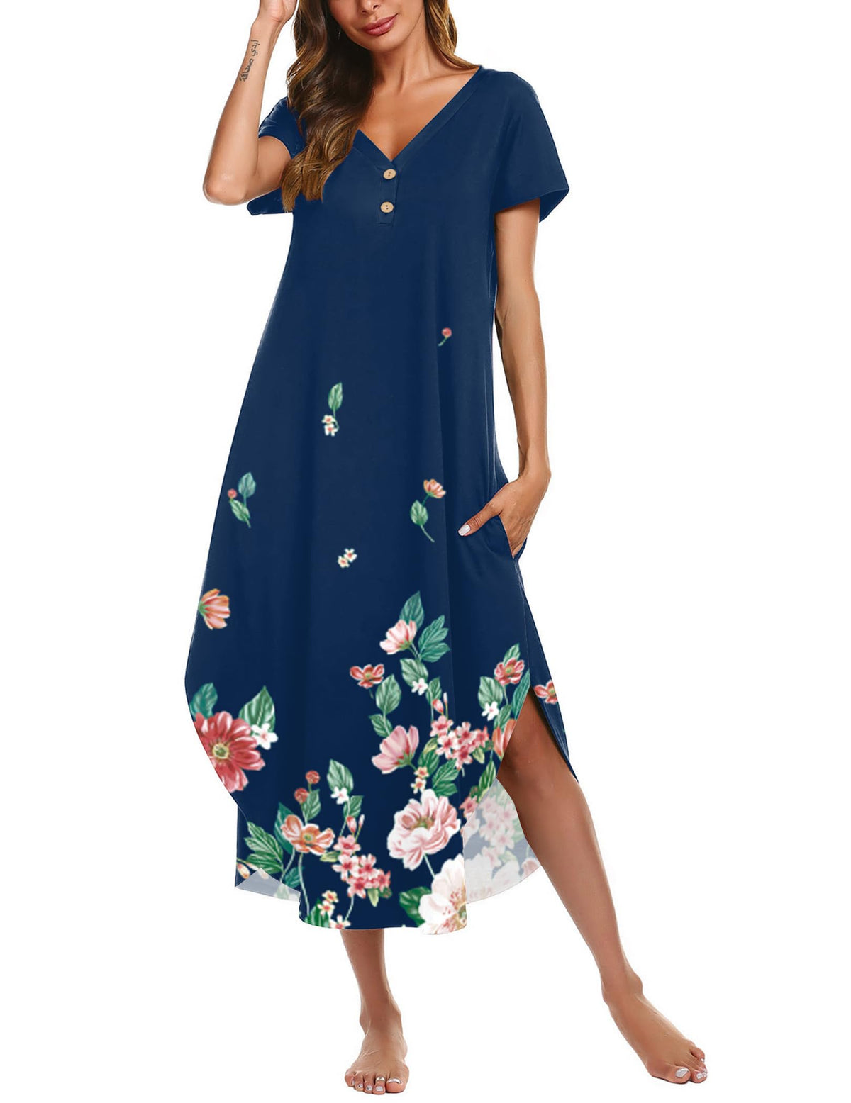 Ekouaer Long Nightgowns For Women Short Sleeve Midi Nightgown With Pockets