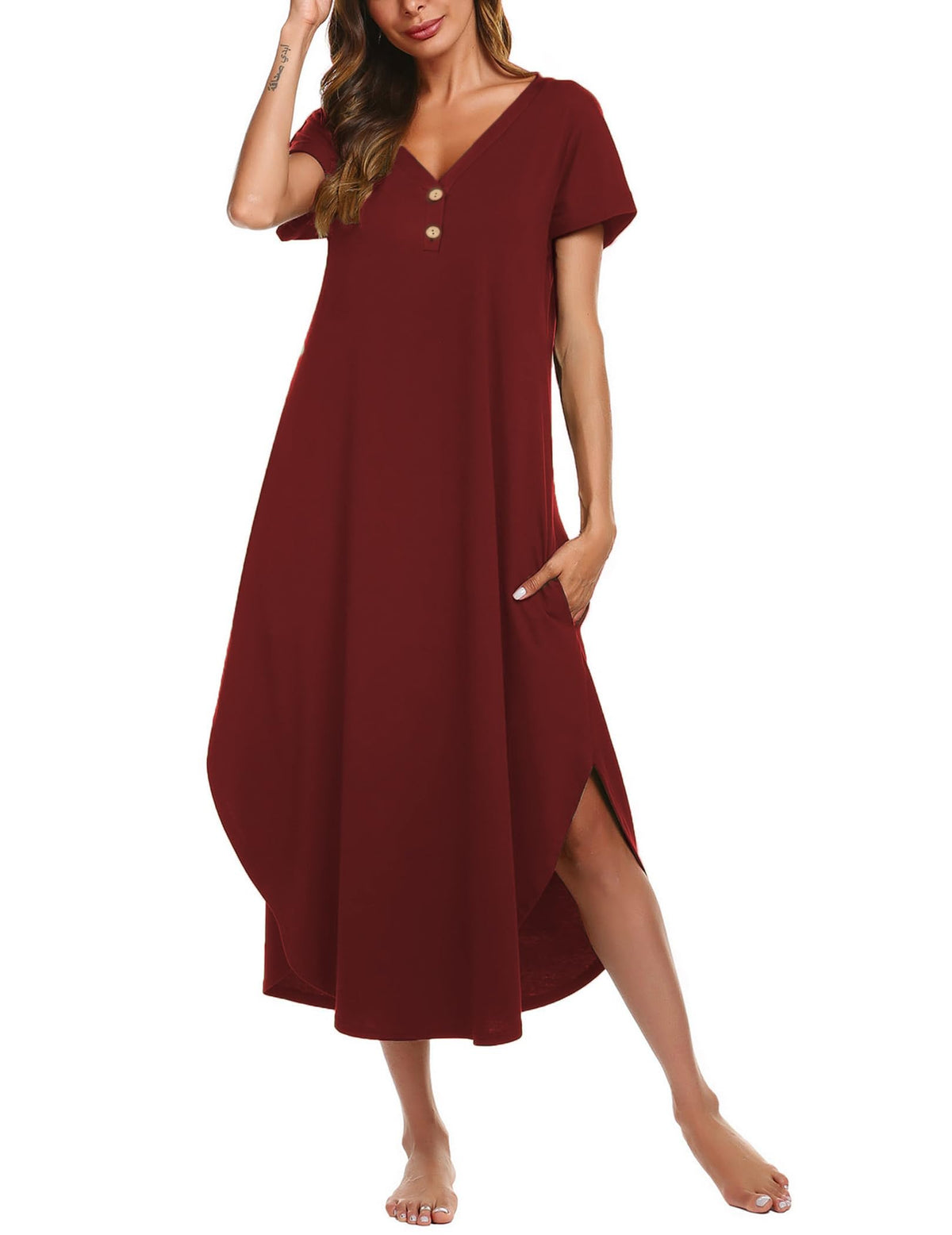 Ekouaer Long Nightgowns For Women Short Sleeve Midi Nightgown With Pockets