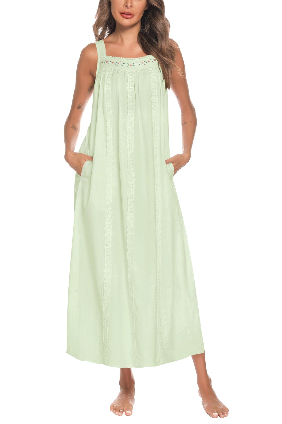 YOZLY Cotton Nightgowns for Women Embroidery Sleeveless Night Gown with Pockets S-XXXL