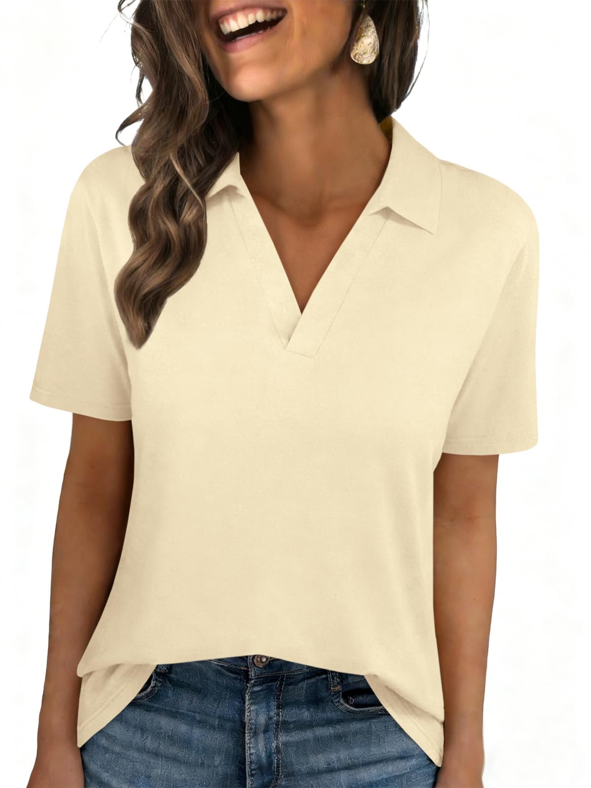 Womens Polo Shirts Short Sleeve V Neck Collared Business Summer Blouse Top
