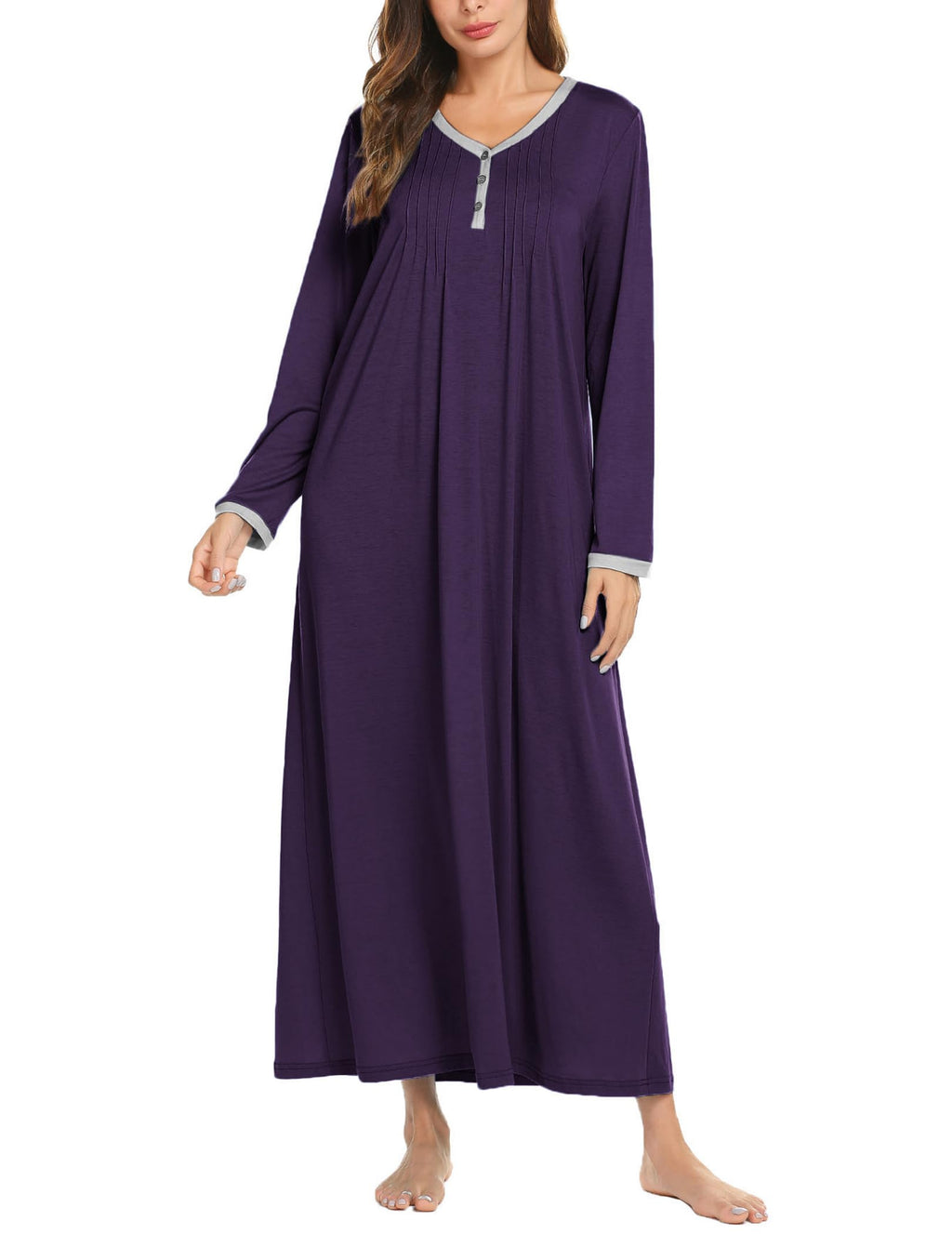 Ekouaer Women's Long Sleeve Nightgown Full Length Sleepwear Long Sleepshirts Henley Sleep Dress