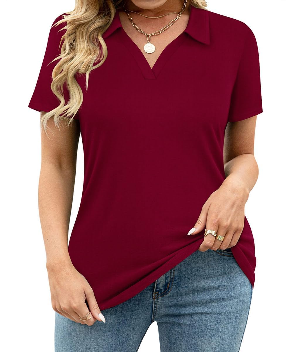 TIYOMI Plus Size Collared Polo Shirts Summer Short Sleeve V Neck Business Tops for Women XL-5XL