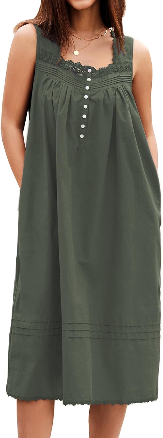 100% Cotton Nightgowns for Women Sleeveless Night Gown with Pockets,XS-5XL