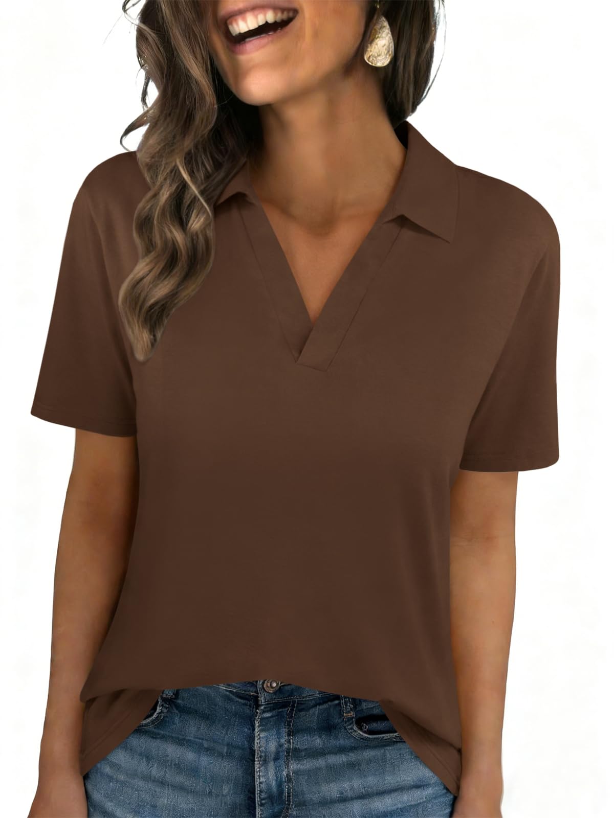 Womens Polo Shirts Short Sleeve V Neck Collared Business Summer Blouse Top