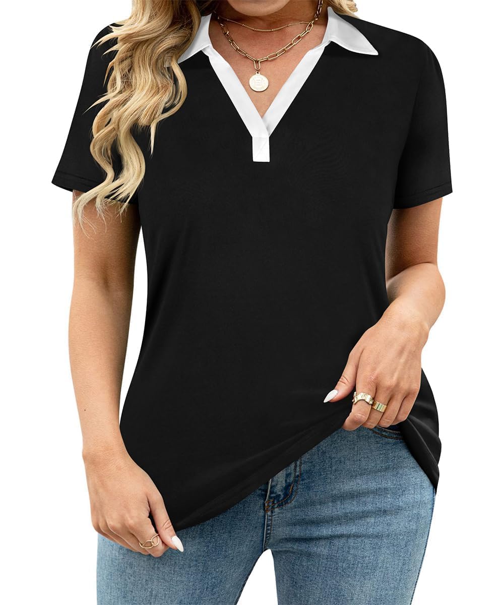 TIYOMI Plus Size Collared Polo Shirts Summer Short Sleeve V Neck Business Tops for Women XL-5XL