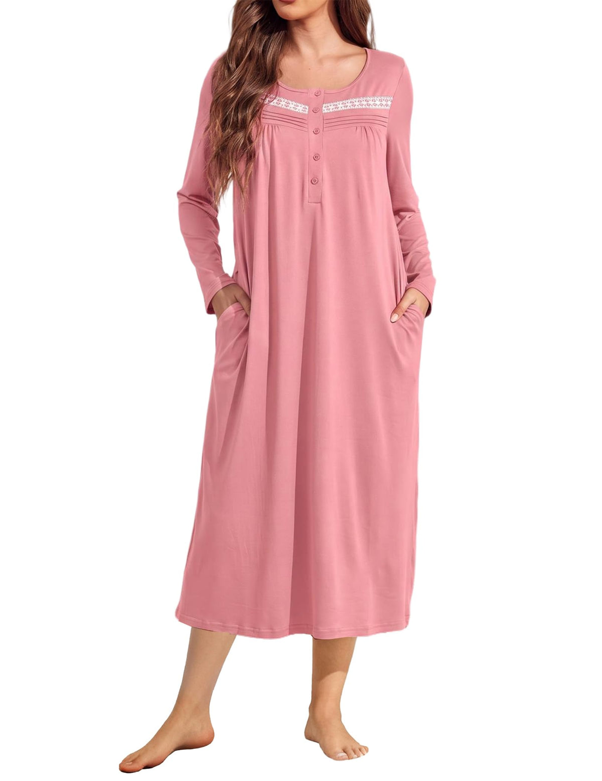 Ekouaer Long Sleeve Nightgown for Women Long Henley House Dress with Pocket