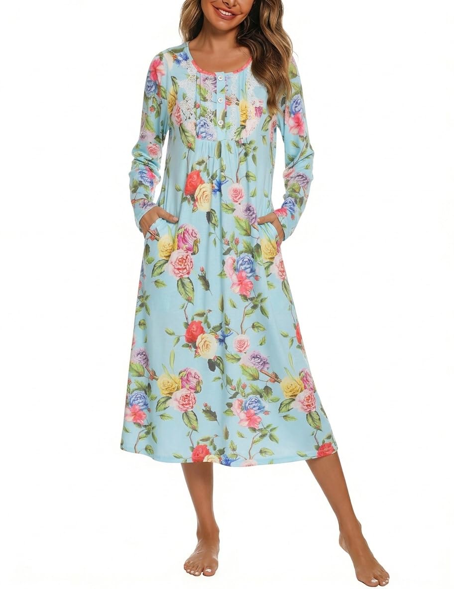YOZLY Nightgowns for Women Soft Cotton Long Sleeve Night Gwon with Pockets