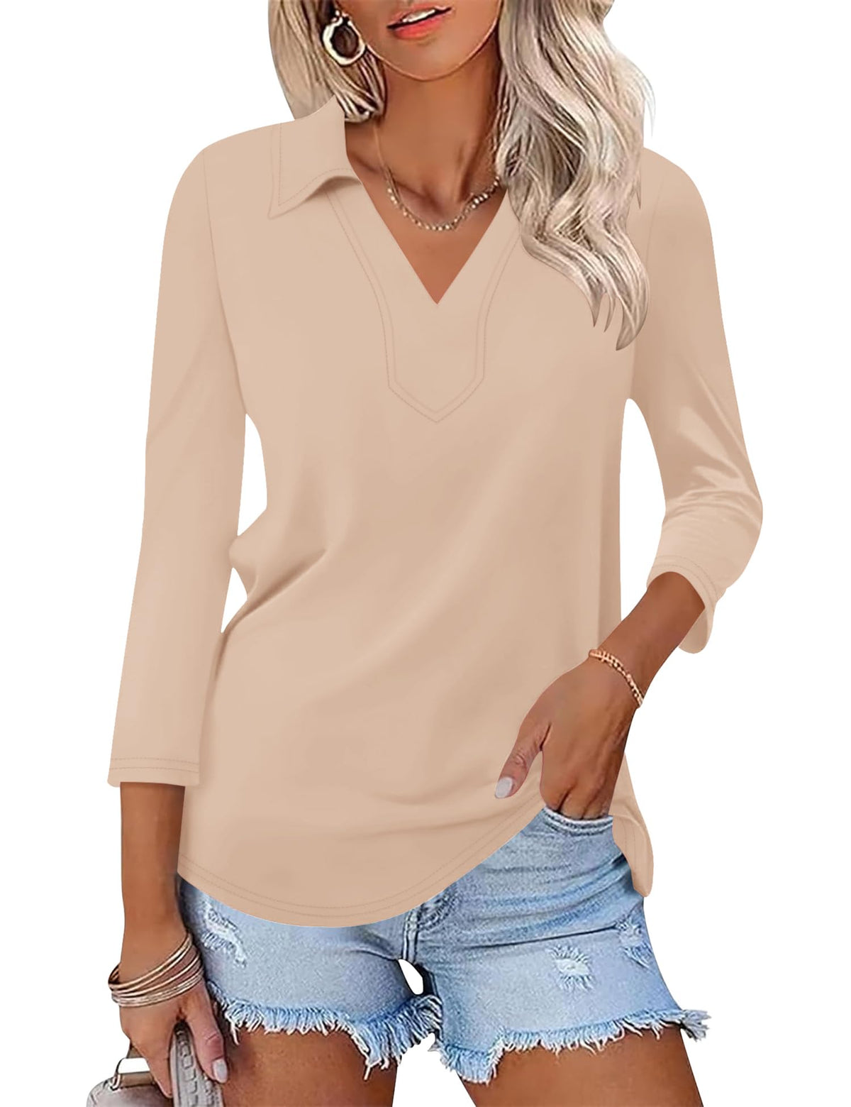 LOMON 3/4 Sleeve Womens Tops Summer Collared Polo Shirts V Neck Polos Tees