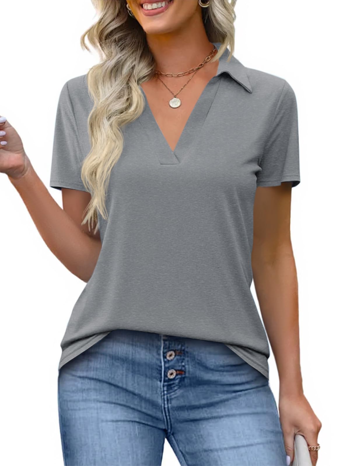 Imily Bela Womens Short Sleeve Polo Shirts V Neck Collared Tops