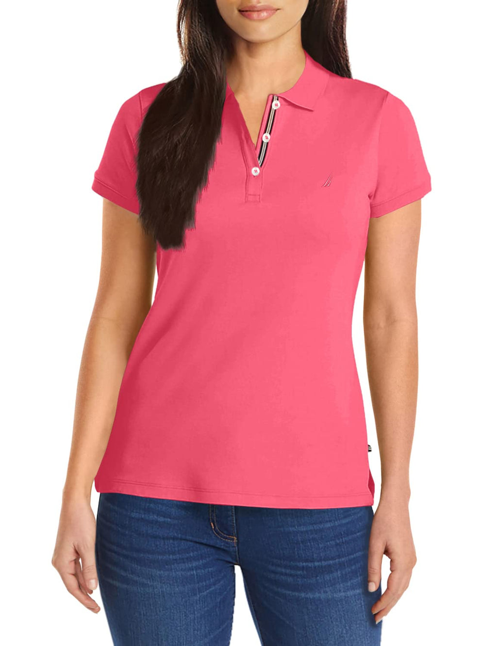 Nautica Women's 3-Button Short Sleeve Breathable 100% Cotton Polo Shirt