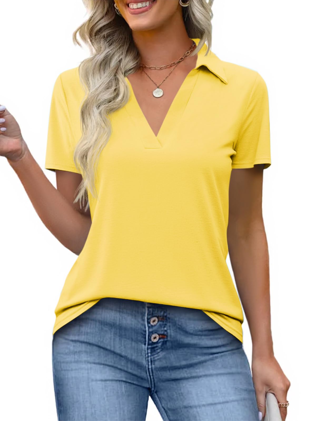 Imily Bela Womens Short Sleeve Polo Shirts V Neck Collared Tops