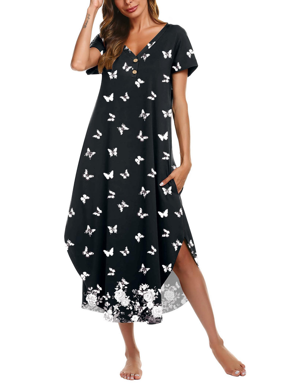 Ekouaer Long Nightgowns For Women Short Sleeve Midi Nightgown With Pockets