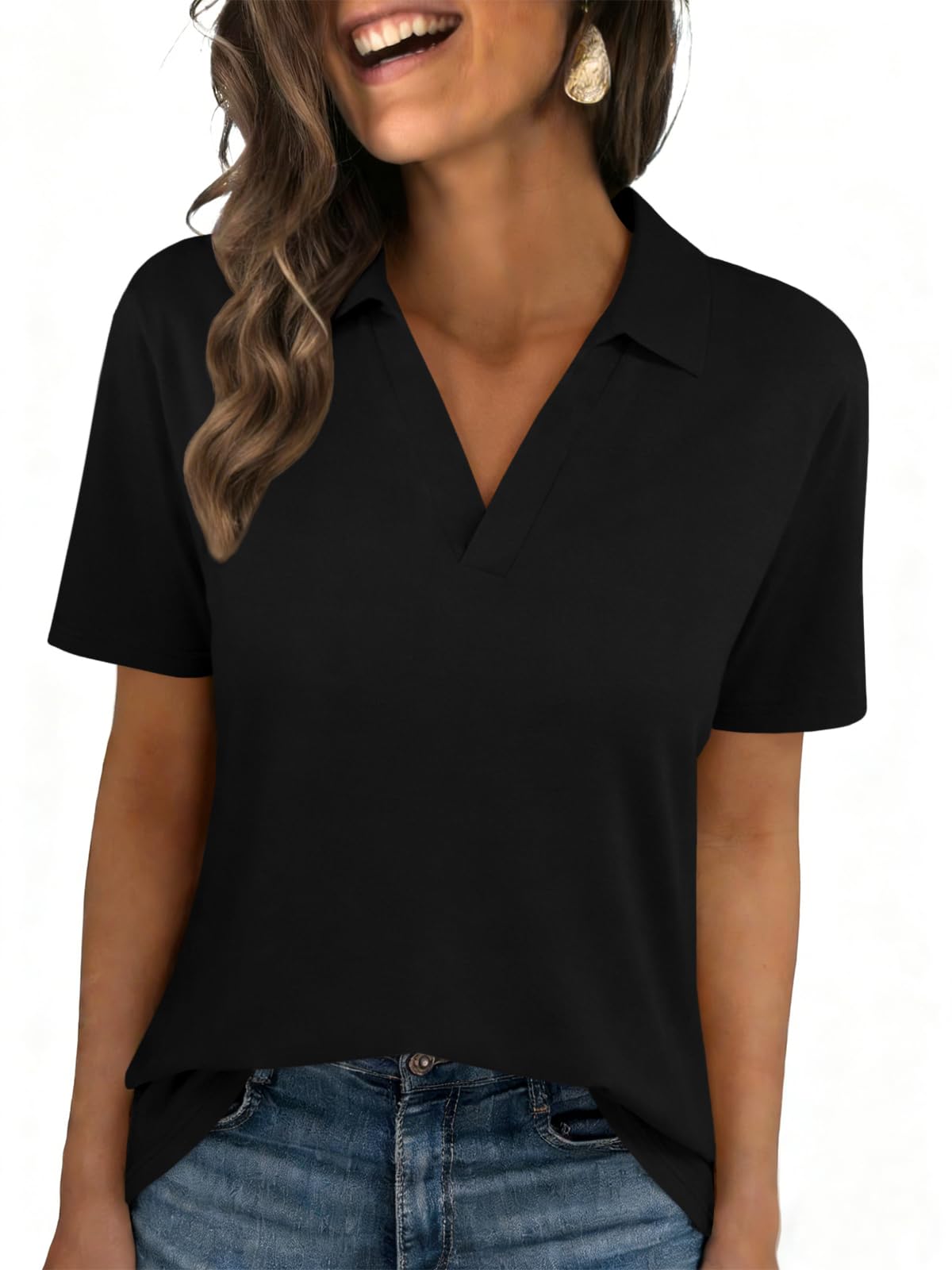 Womens Polo Shirts Short Sleeve V Neck Collared Business Summer Blouse Top
