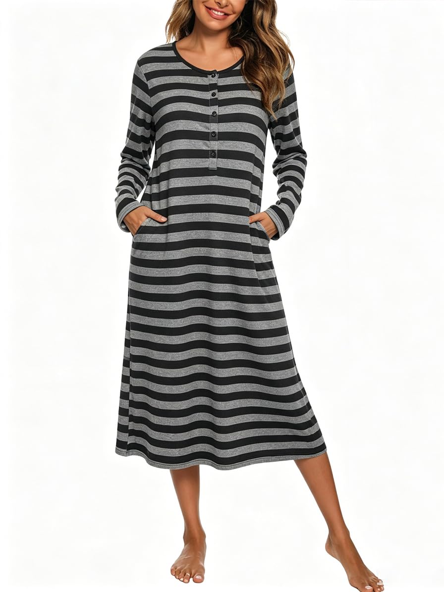 YOZLY Nightgowns for Women Soft Cotton Long Sleeve Night Gwon with Pockets