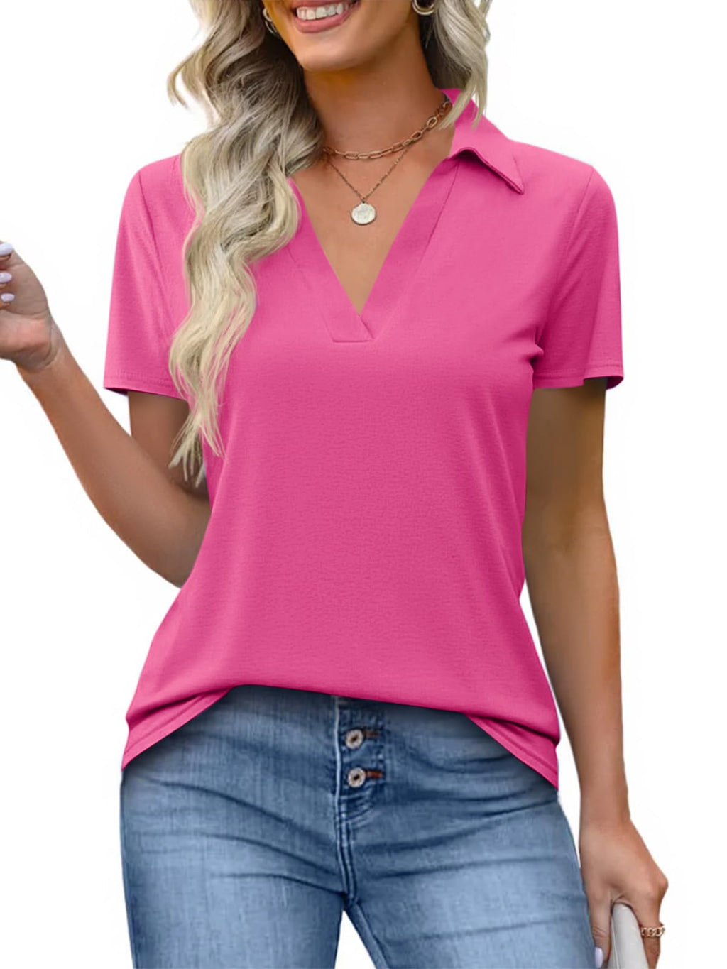 Imily Bela Womens Short Sleeve Polo Shirts V Neck Collared Tops