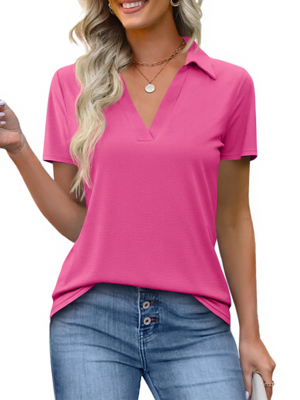 Imily Bela Womens Short Sleeve Polo Shirts V Neck Collared Tops