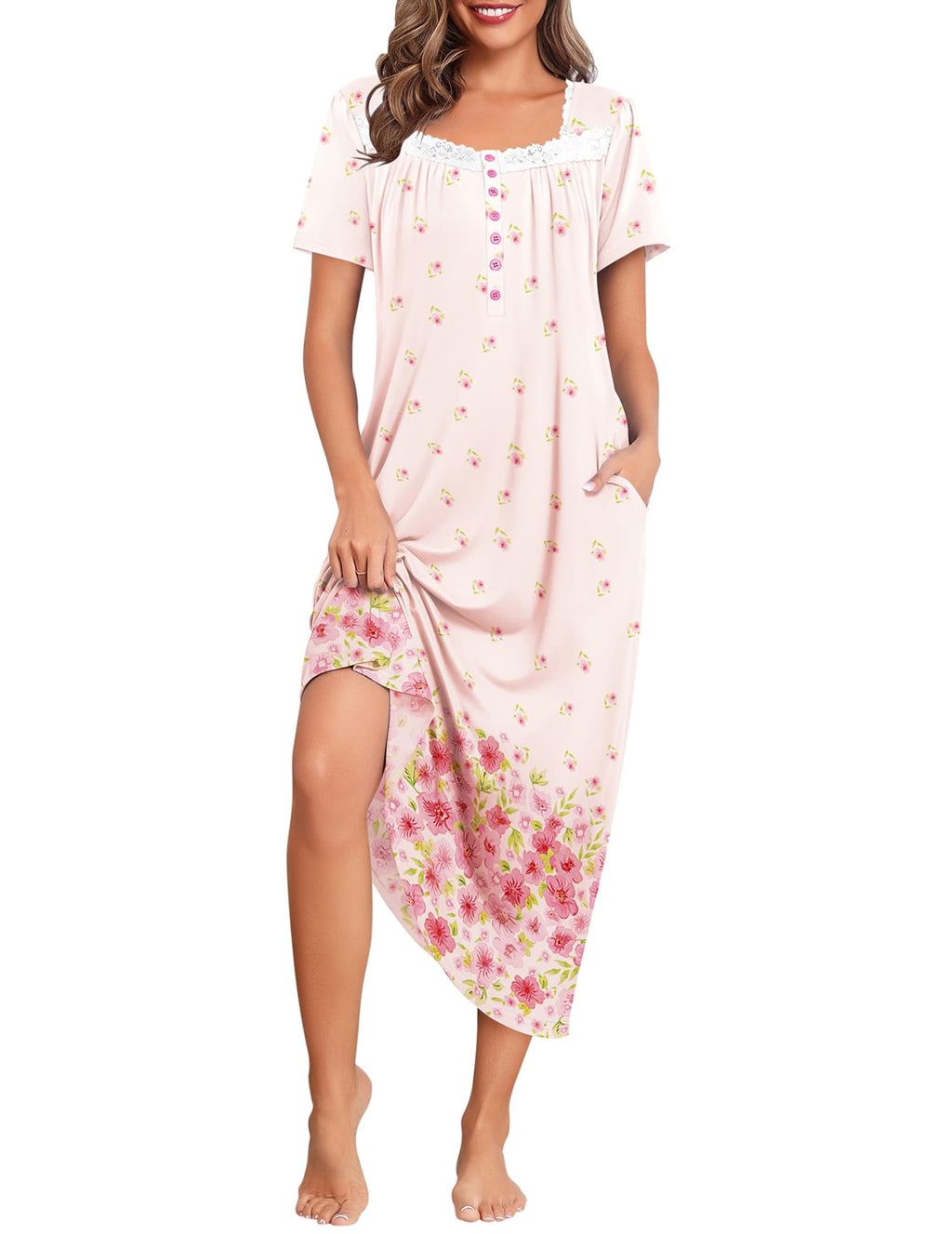 Ekouaer Long Nightgowns for Women Short Sleeve House Dress with Pockets