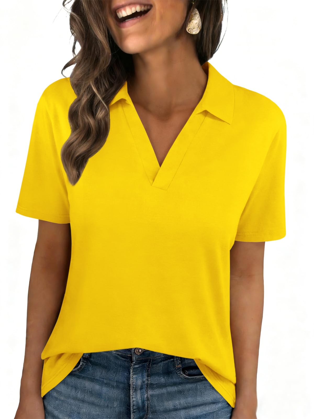 Womens Polo Shirts Short Sleeve V Neck Collared Business Summer Blouse Top