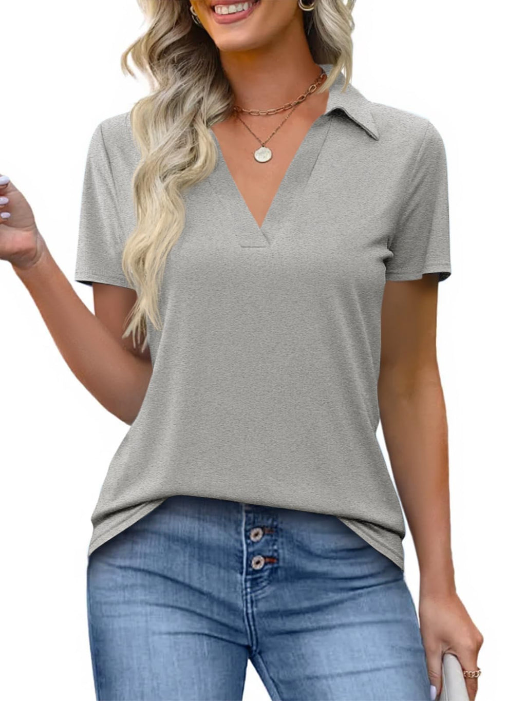Imily Bela Womens Short Sleeve Polo Shirts V Neck Collared Tops