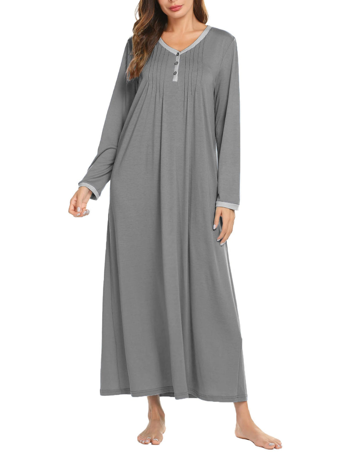 Ekouaer Women's Long Sleeve Nightgown Full Length Sleepwear Long Sleepshirts Henley Sleep Dress