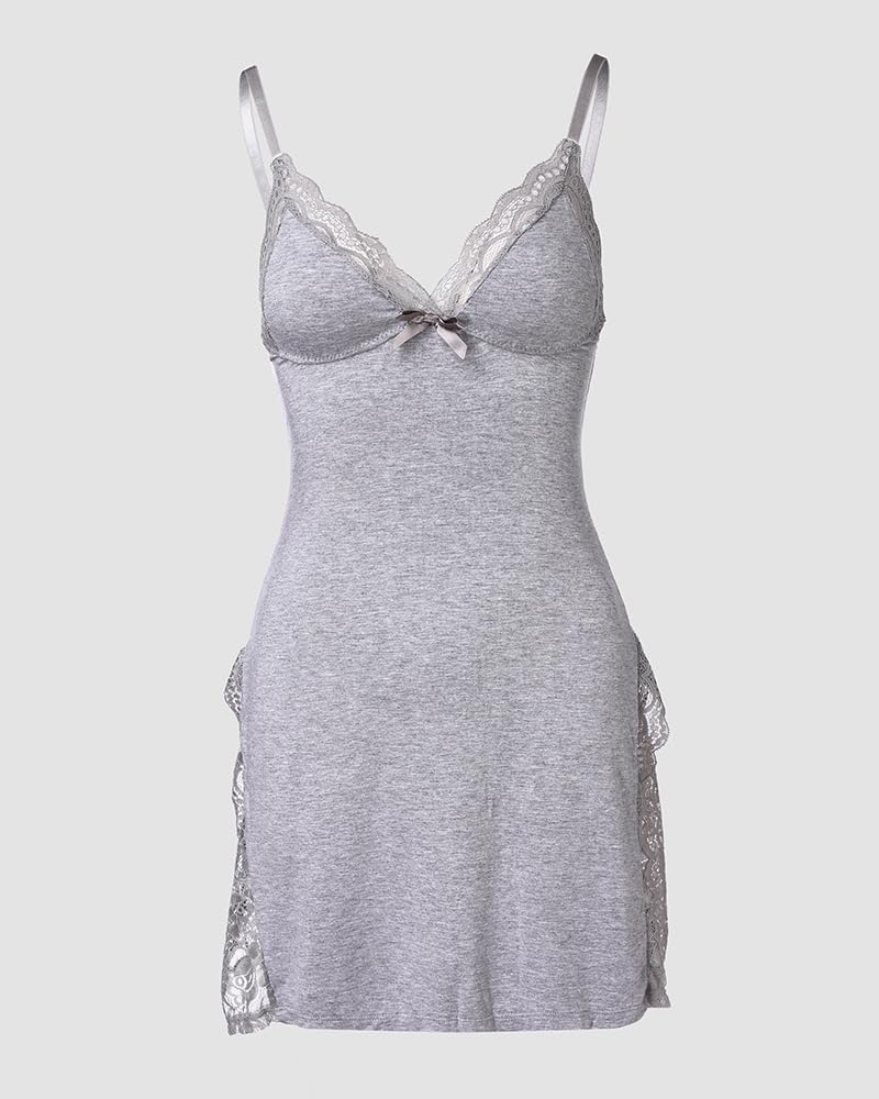 CHICME Women's Lace Trim Nightgown Side Slit Modal Sleep Dress