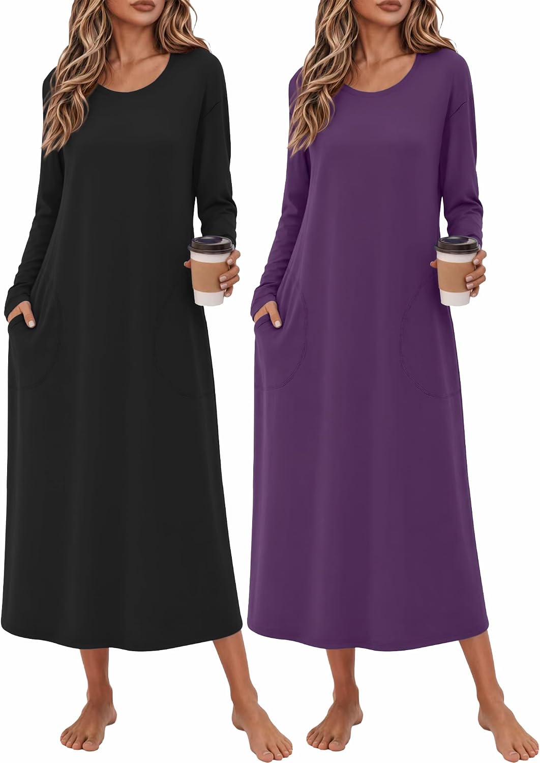 Ekouaer 2 Pack Long Nightgowns for Women Long Sleeve Nightgown with Pocket