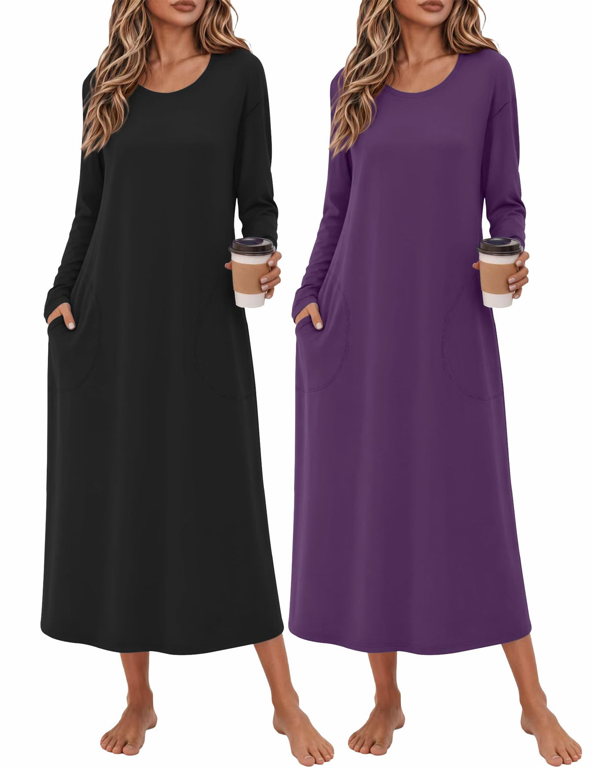 Ekouaer 2 Pack Long Nightgowns for Women Long Sleeve Nightgown with Pocket