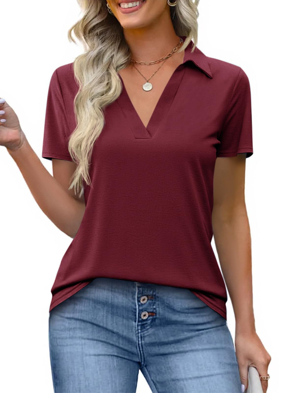 Imily Bela Womens Short Sleeve Polo Shirts V Neck Collared Tops