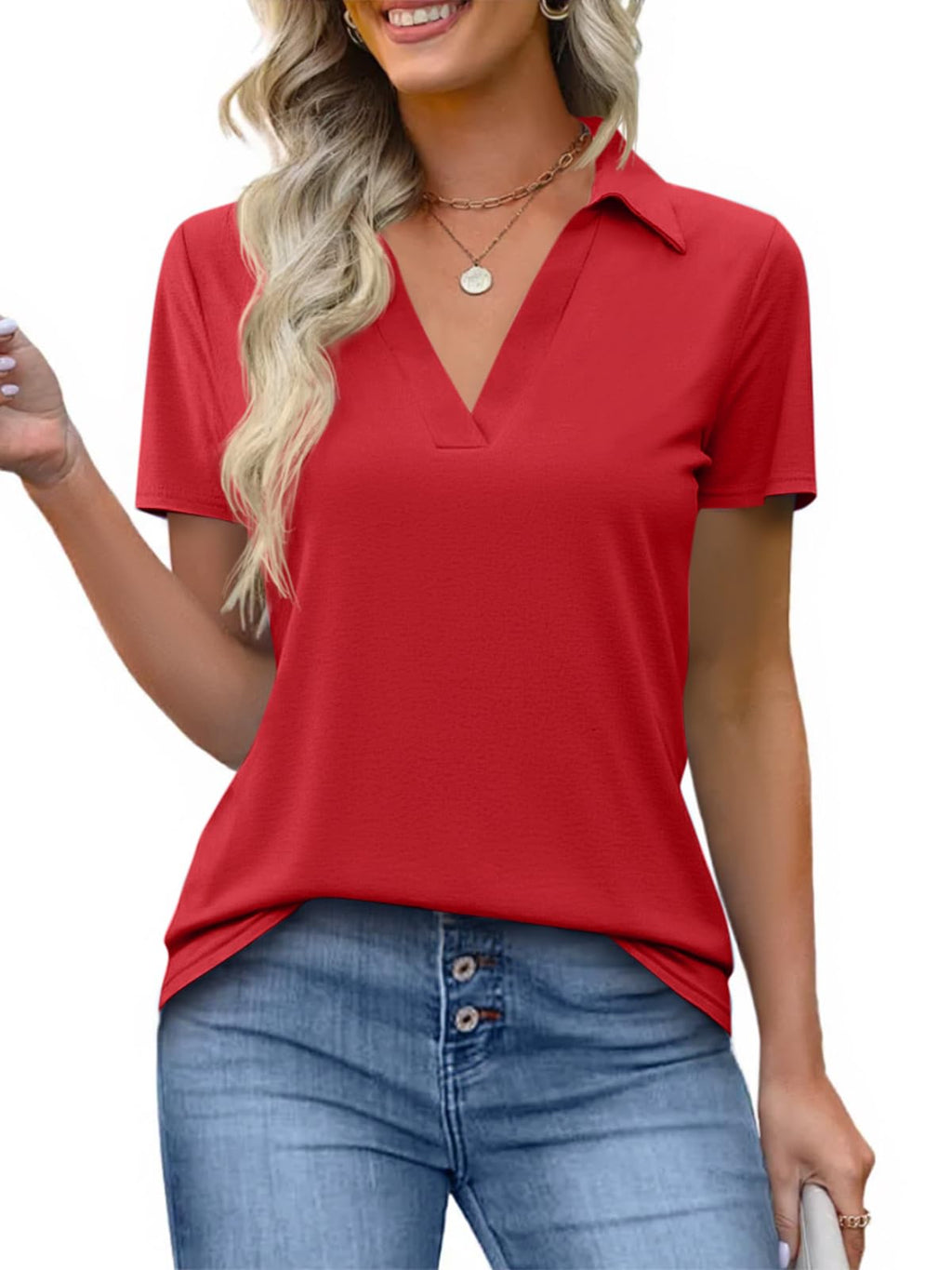 Imily Bela Womens Short Sleeve Polo Shirts V Neck Collared Tops