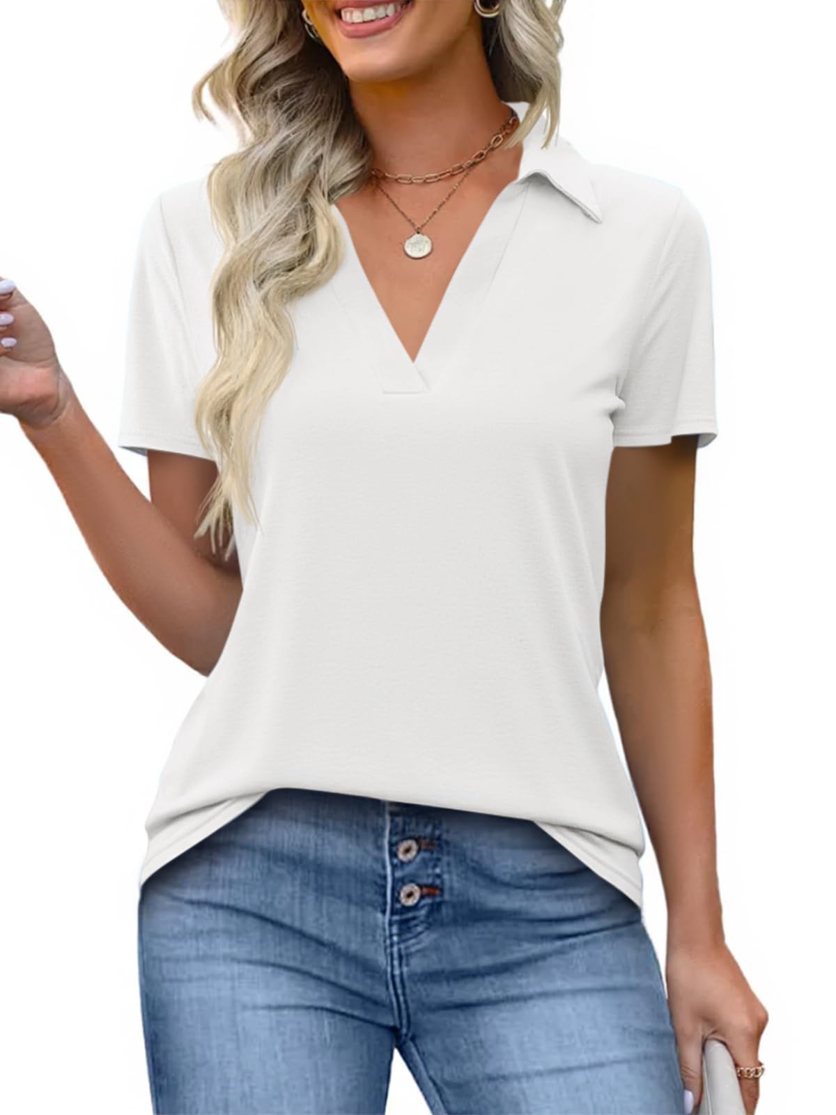 Imily Bela Womens Short Sleeve Polo Shirts V Neck Collared Tops