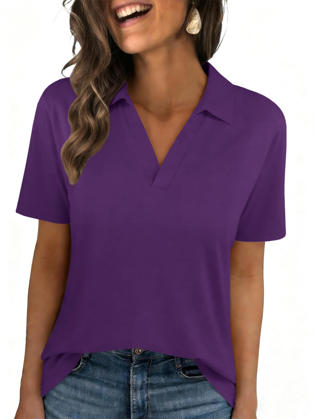 Womens Polo Shirts Short Sleeve V Neck Collared Business Summer Blouse Top