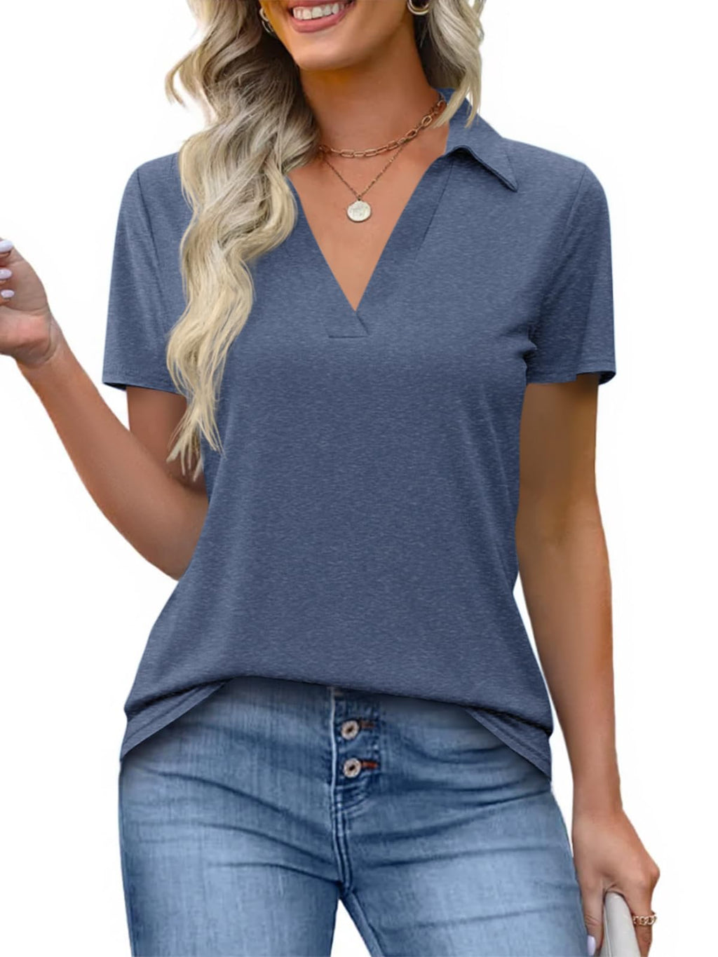 Imily Bela Womens Short Sleeve Polo Shirts V Neck Collared Tops