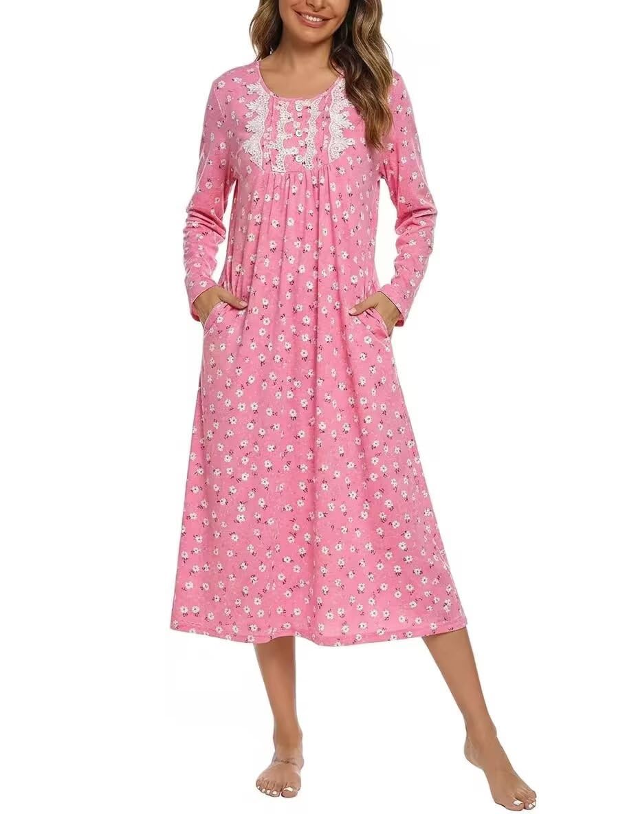 YOZLY Nightgowns for Women Soft Cotton Long Sleeve Night Gwon with Pockets