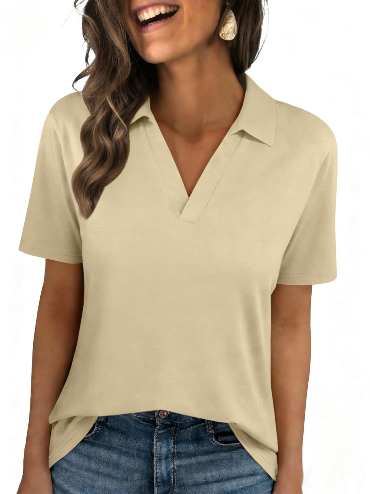Womens Polo Shirts Short Sleeve V Neck Collared Business Summer Blouse Top
