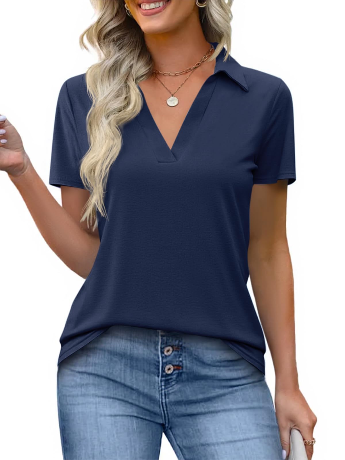 Imily Bela Womens Short Sleeve Polo Shirts V Neck Collared Tops