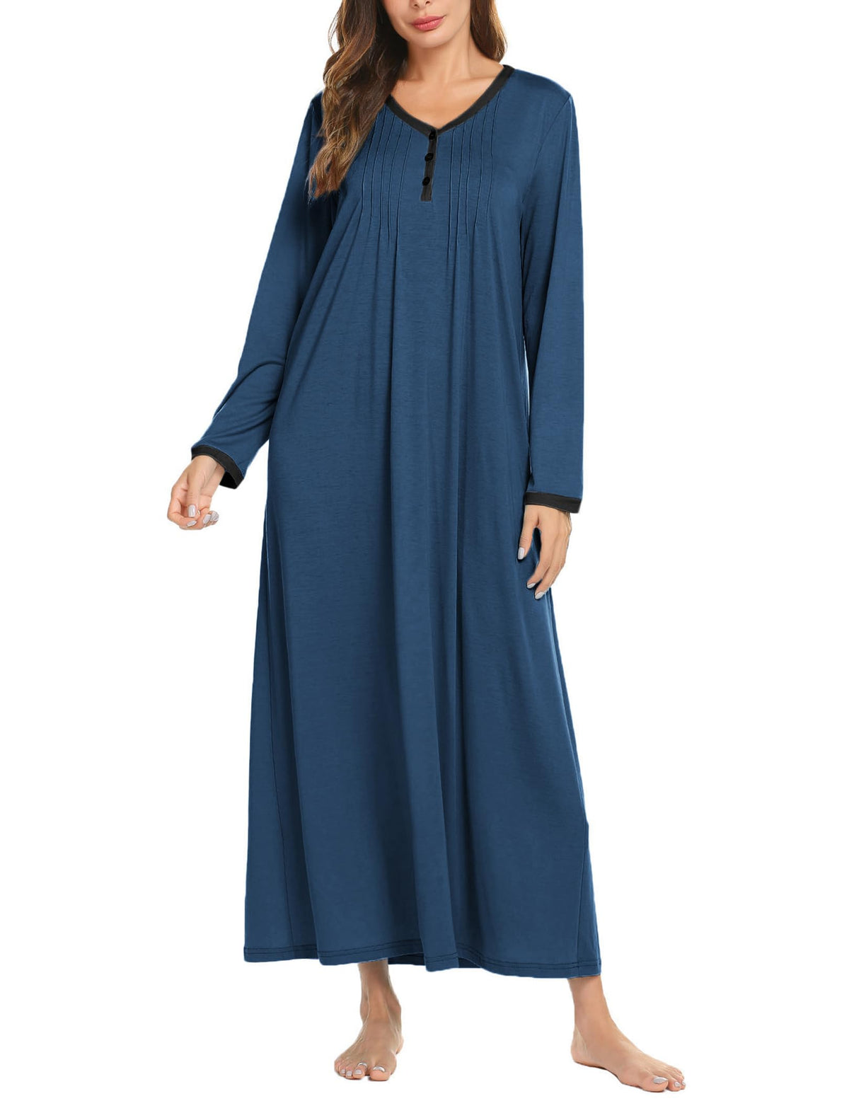 Ekouaer Women's Long Sleeve Nightgown Full Length Sleepwear Long Sleepshirts Henley Sleep Dress
