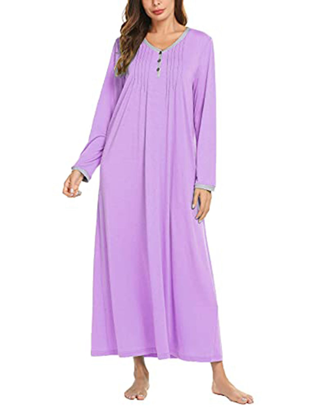 Ekouaer Women's Long Sleeve Nightgown Full Length Sleepwear Long Sleepshirts Henley Sleep Dress