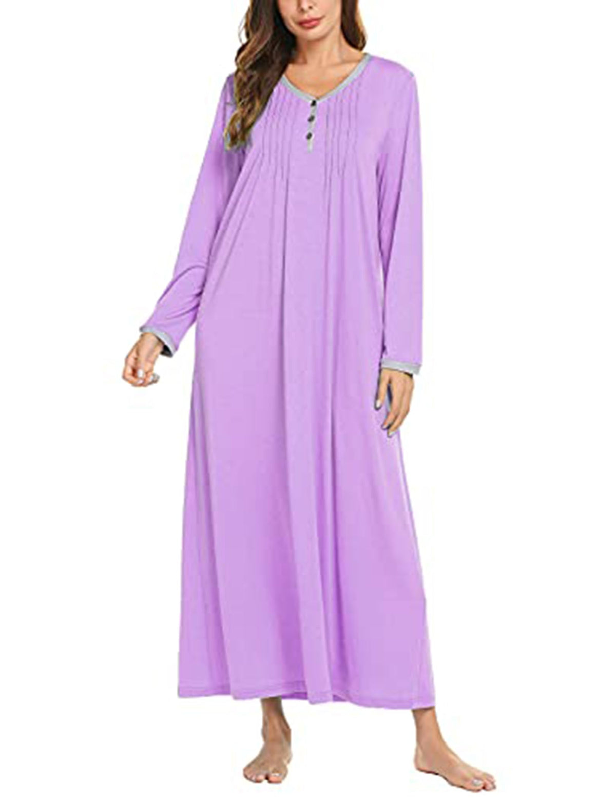 Ekouaer Women's Long Sleeve Nightgown Full Length Sleepwear Long Sleepshirts Henley Sleep Dress