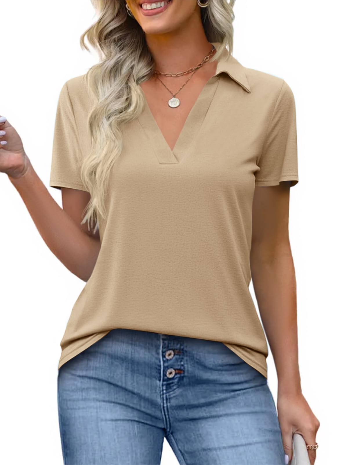 Imily Bela Womens Short Sleeve Polo Shirts V Neck Collared Tops