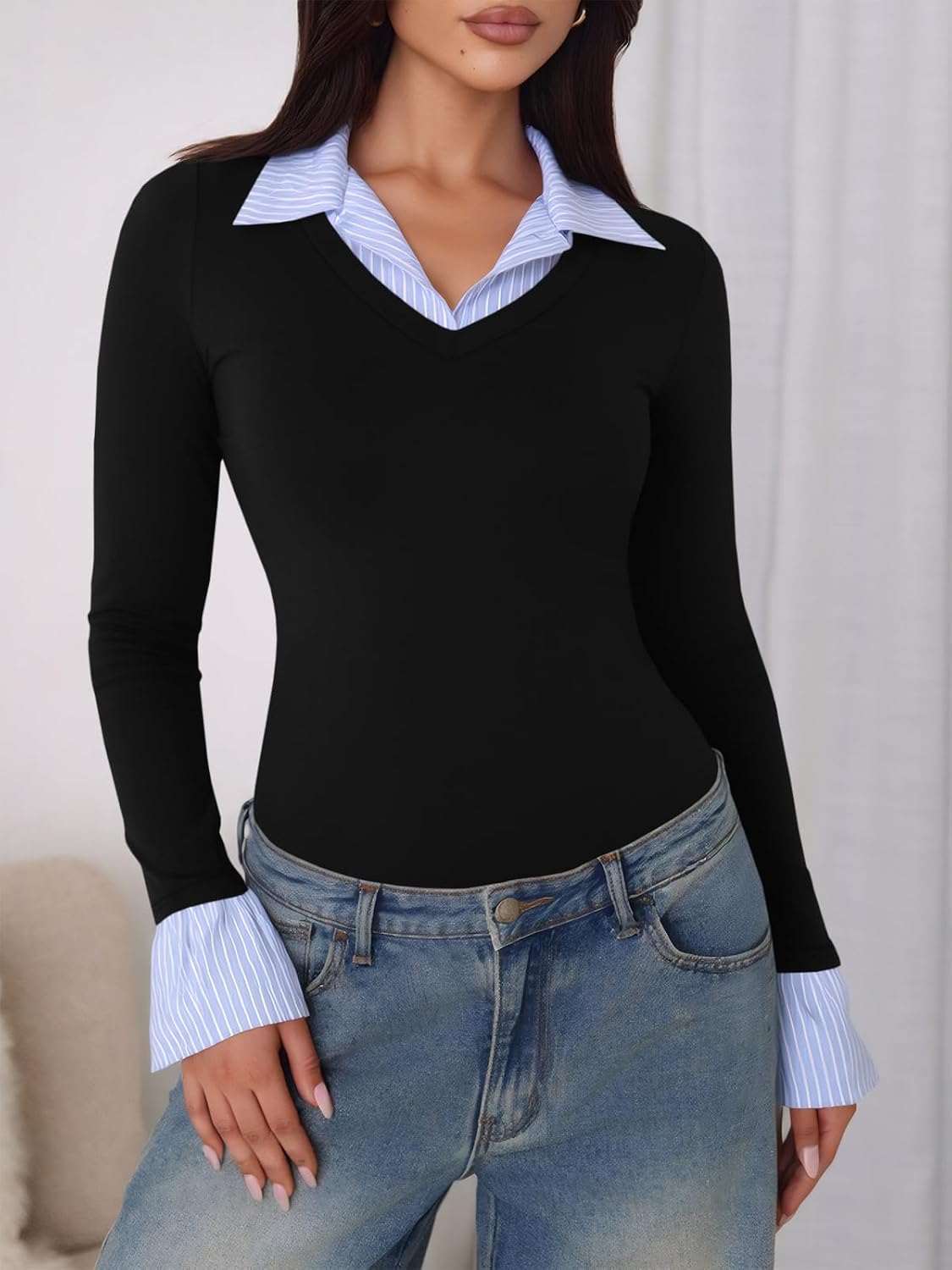 Tankaneo Womens Long Sleeve Polo Shirts Collared V Neck Patchwork Tops