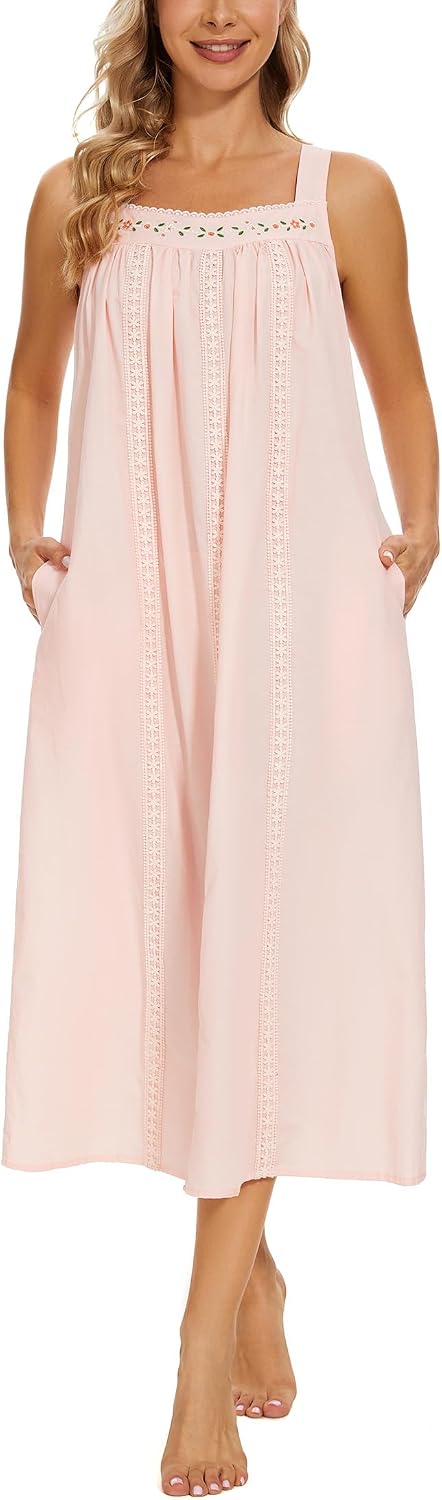 YOZLY Cotton Nightgowns for Women Embroidery Sleeveless Night Gown with Pockets S-XXXL